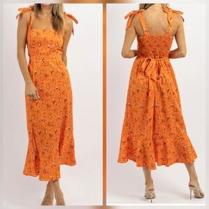 Last Dance Tie Strap Orange Floral Midi Dress sz M